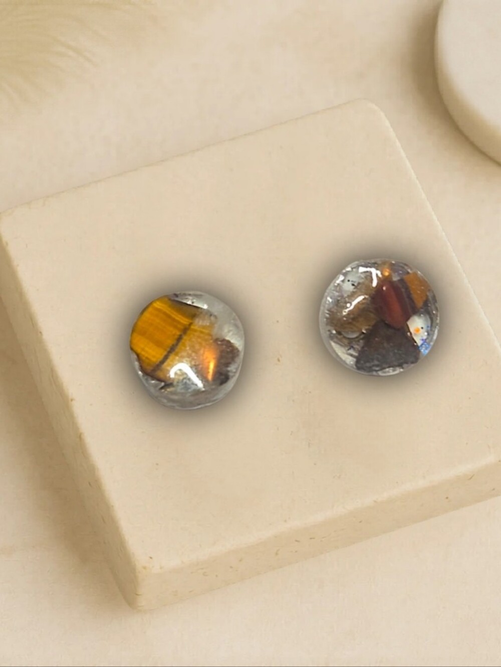 Tigers Eye Round Resin Stud Earrings